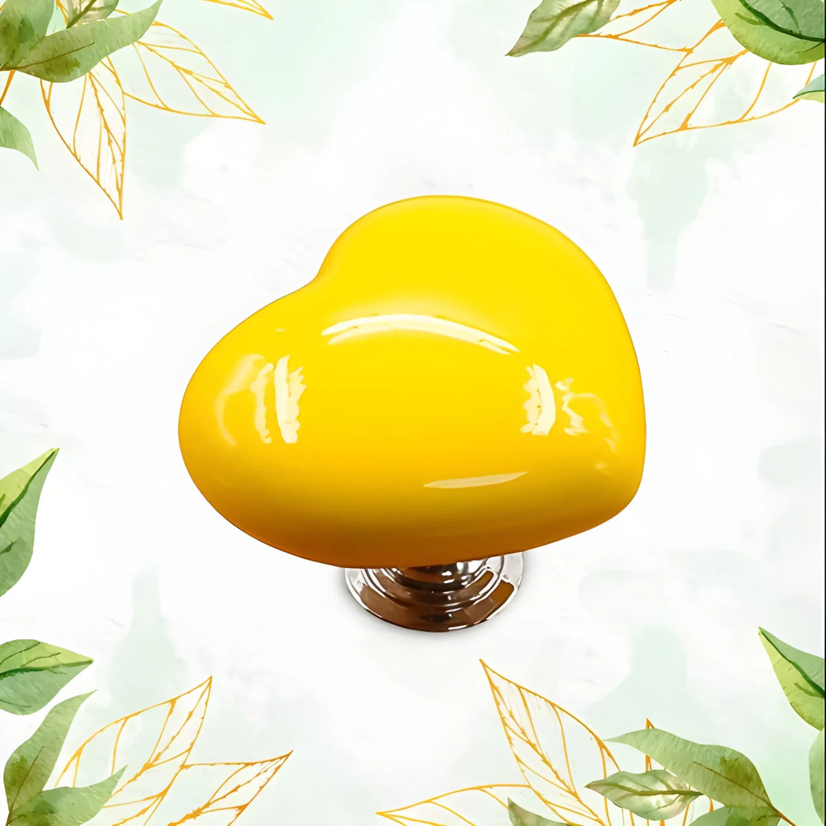 Glossy yellow heart-shaped cabinet knob with round metal base