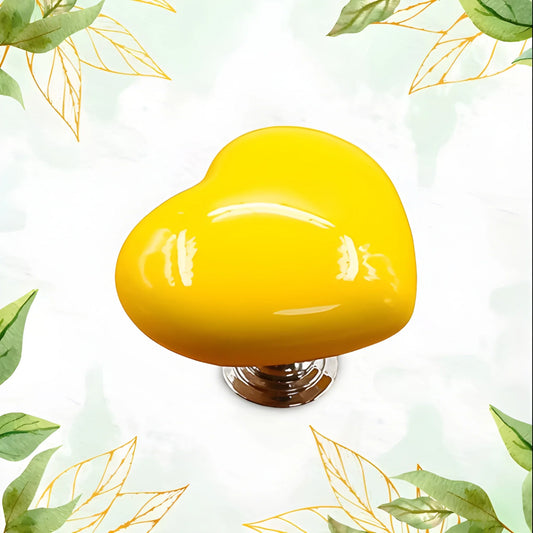 Glossy yellow heart-shaped cabinet knob with round metal base