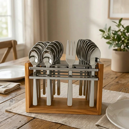 Stainless steel cutlery set with forks and knives on a wooden rack