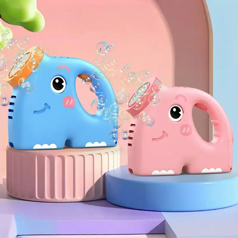 Elephant bubble gun toy in blue and pink, smiling elephant figures with bubble spray