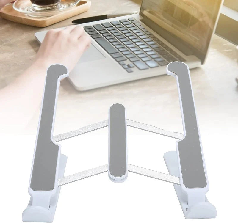 Adjustable laptop stand with gray metal legs and central support bar