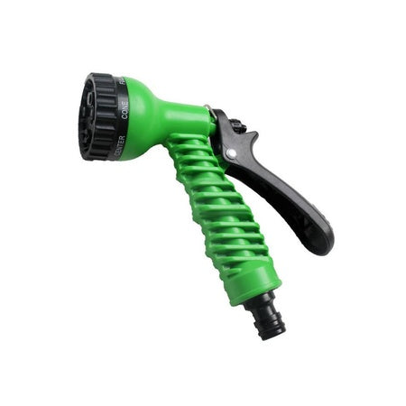 Green garden spray nozzle with ergonomic black trigger handle and adjustable spray head