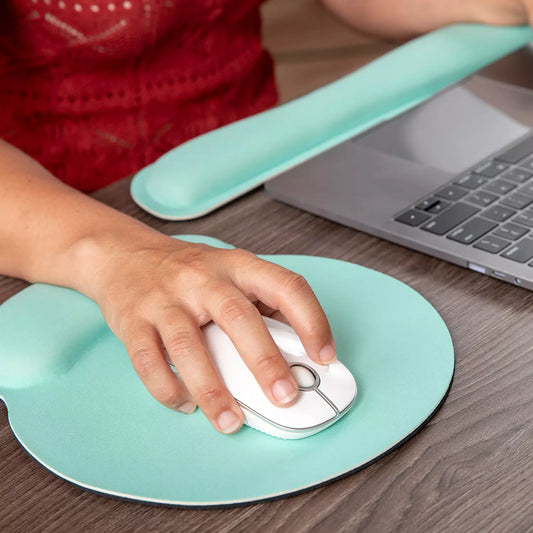 Ergonomic wrist support mouse pad with curved teal wrist rest and white mouse