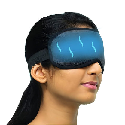 Sleep eye mask with ice pack, dark fabric cover and blue gel pad with cooling icons