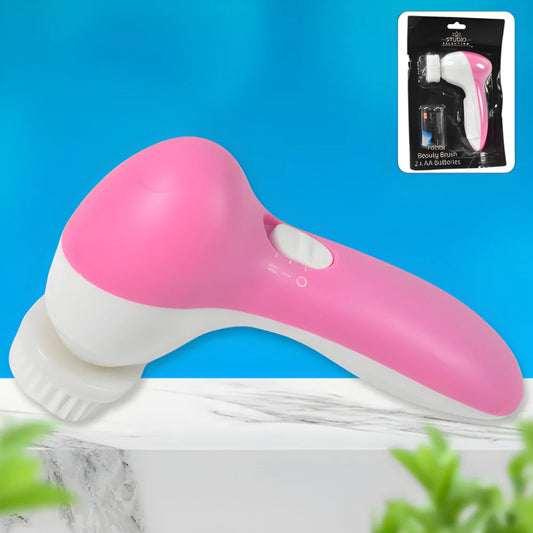 Pink and white facial beauty brush with contoured handle and brush head