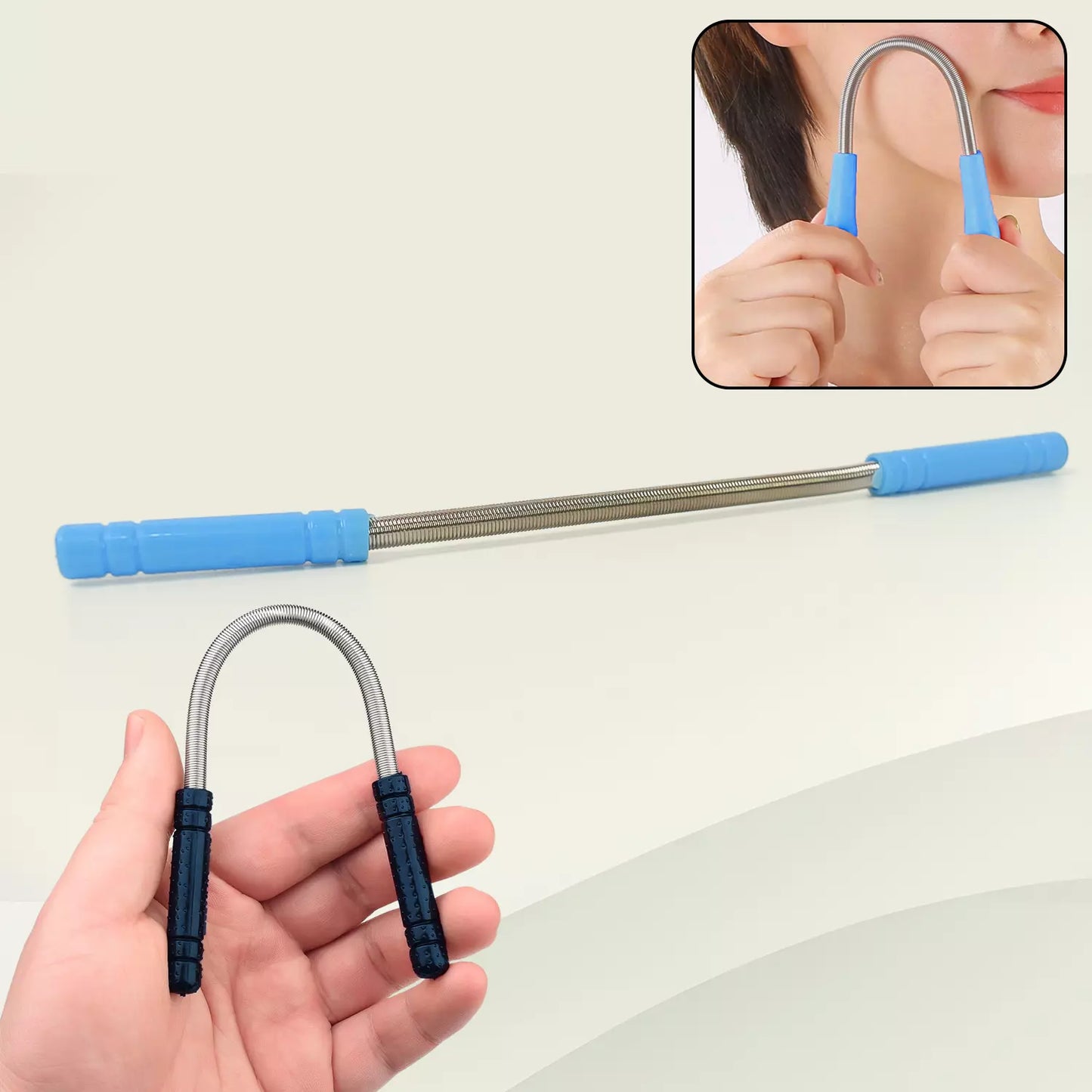 Facial hair remover spring tool with curved handle and blue grip