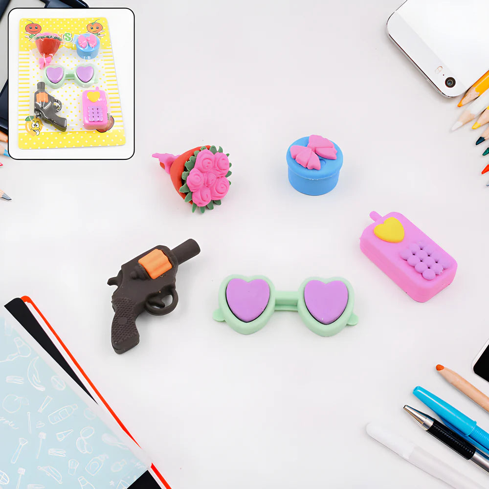 Colorful molded eraser set with rose, heart, and toy-shaped pieces