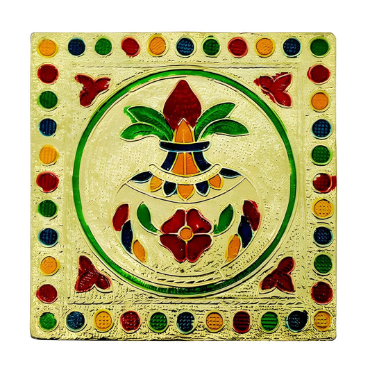 Decorative wooden bajot with multicolor circular medallion pattern on square top