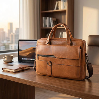 Brown faux leather messenger briefcase with top handle, front flap pocket and shoulder strap