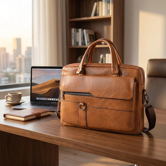 Brown faux leather messenger briefcase with top handle, front flap pocket and shoulder strap