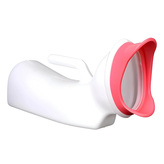 Female urine collection urinal with pink funnel rim and white container