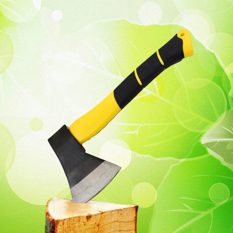 Yellow-handled camping hatchet with black grip and steel axe head
