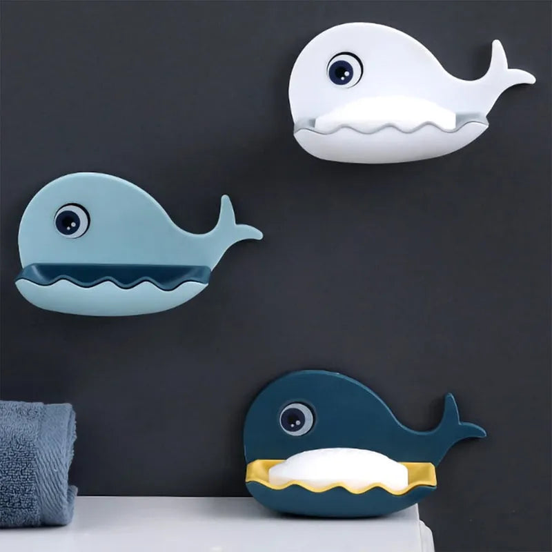 Fish-shaped soap holder trays, blue and white fish with raised dish for bar soap
