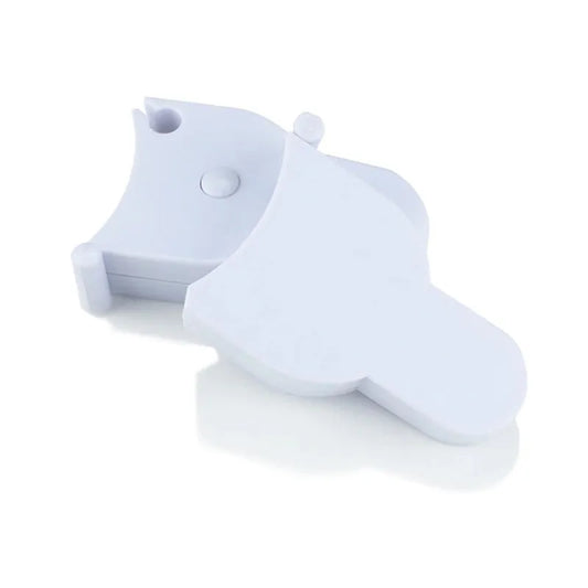 Fitness measuring tape with light blue plastic housing and rotating measuring arm