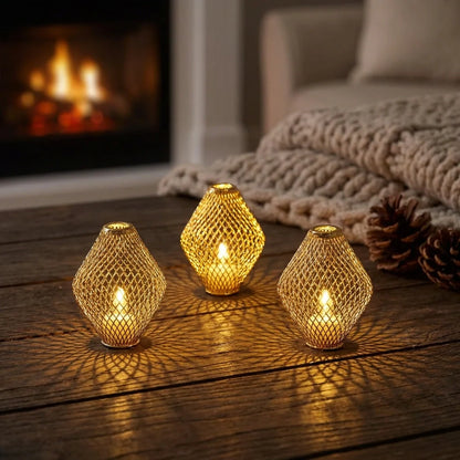 Glowing flameless LED tea lights with mesh gold candle holders