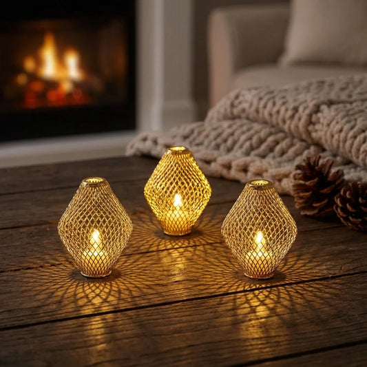 Glowing flameless LED tea lights with mesh gold candle holders