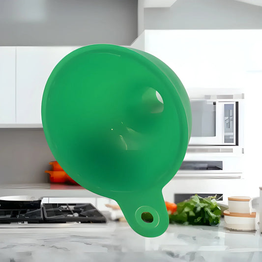 Green flexible silicone kitchen funnel with wide bowl and small pouring spout