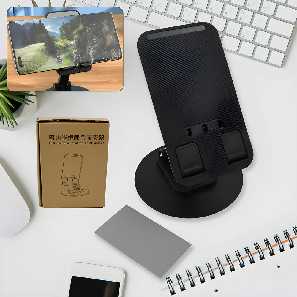 Black foldable phone stand with cradle on circular base
