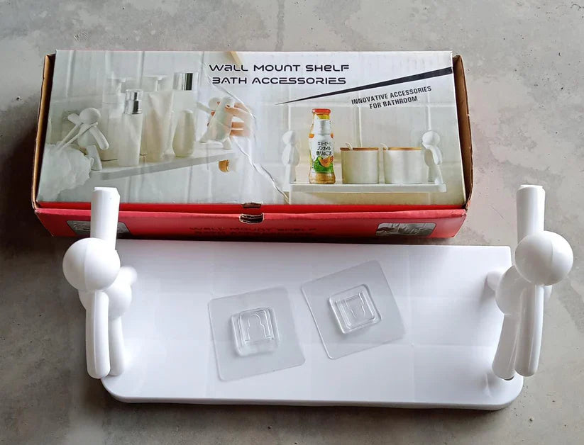 White floating wall shelf with two ball finial brackets, packaged for wall mounting
