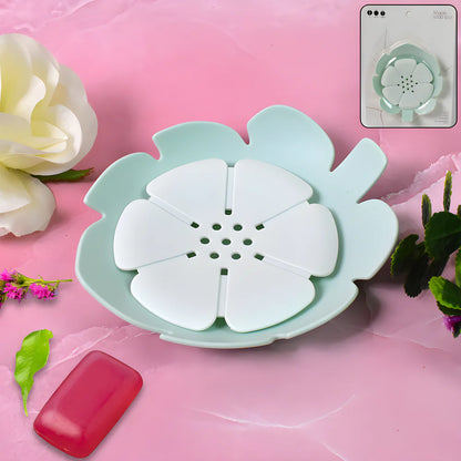 Flower-shaped soap dish tray with mint base and white petal plate