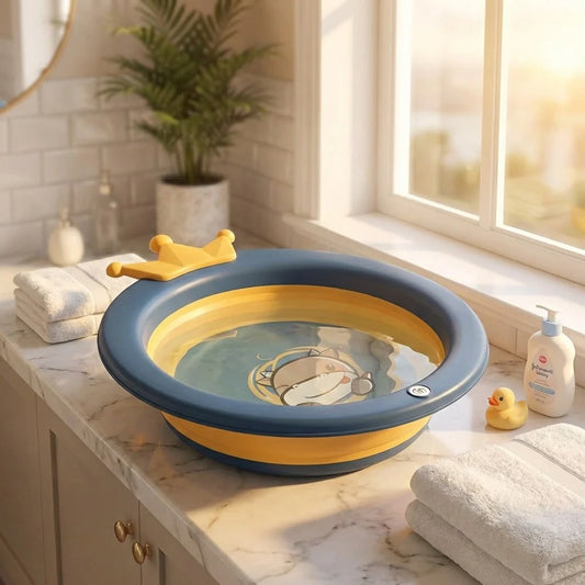Foldable cartoon wash basin with blue rim and yellow handles, round inside graphic