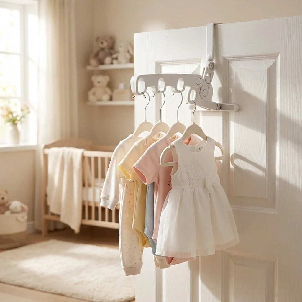 Foldable clothes hanger with multiple small clothing pieces on hooks