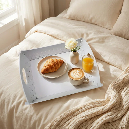 Foldable food serving tray, speckled light gray with fold-out handle sides