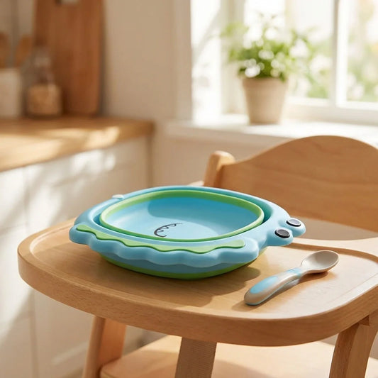 Frog-shaped foldable wash basin with blue-green rim and two side handles