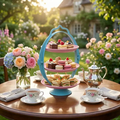 Foldable fruit tray with blue folding frame and three pink tiers for desserts and fruit.