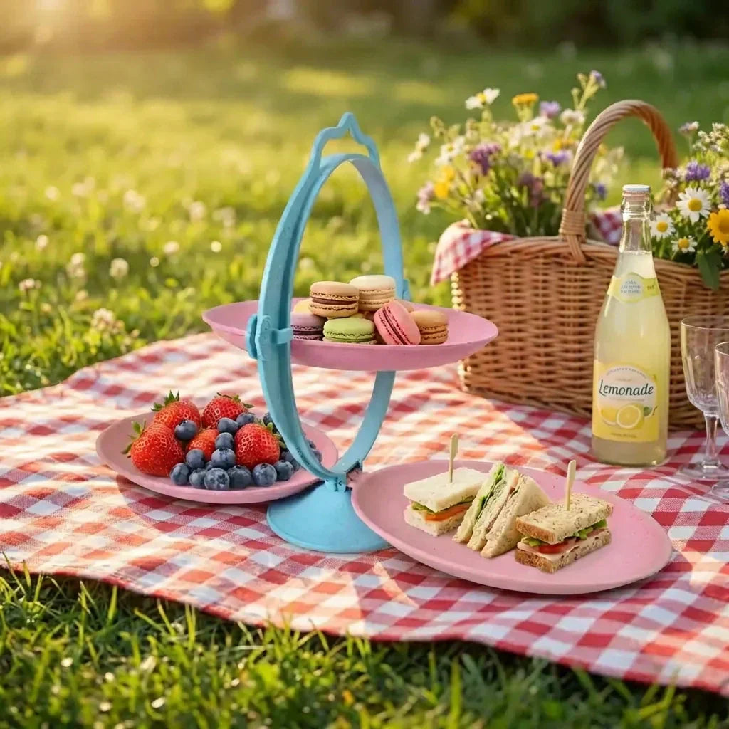 Foldable fruit tray with blue folding stand and two pink serving tiers, holding snacks.