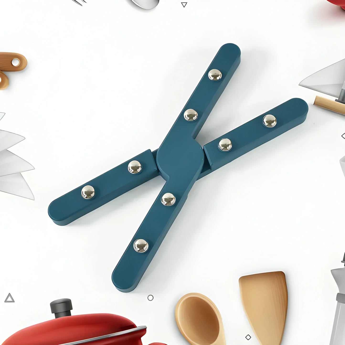 Blue foldable hot stand set with three interlocking stand arms and metal fasteners