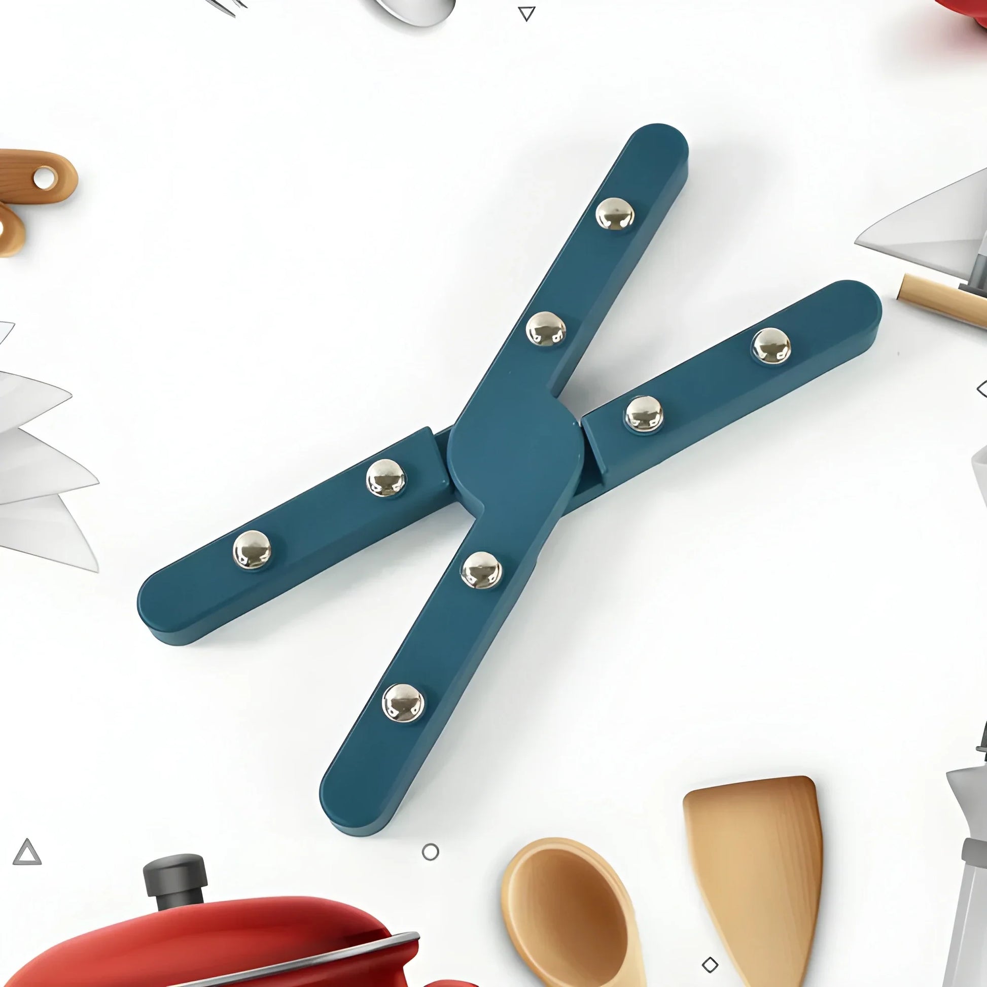 Blue foldable hot stand set with three interlocking stand arms and metal fasteners