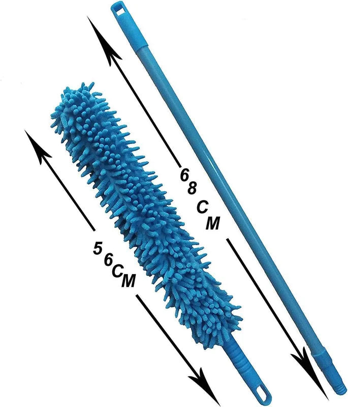 Blue microfiber cleaning duster with long fluffy mop head and flexible handle loop