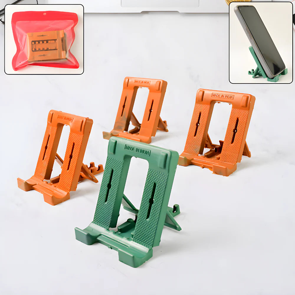 Foldable mobile stand holder in orange and green, adjustable viewing angle