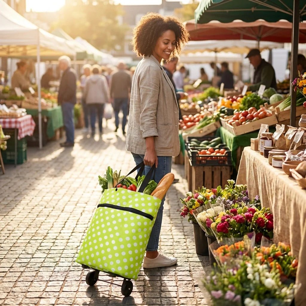 Foldable shopping cart bag, green polka dot fabric with shoulder strap and wheels