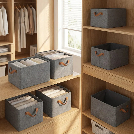 Grey fabric foldable storage box with tan handle straps, holding folded clothes