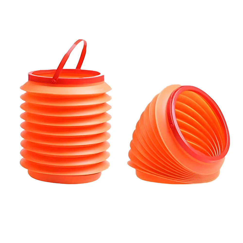 Foldable storage bucket in orange with carrying handle and hinged lid