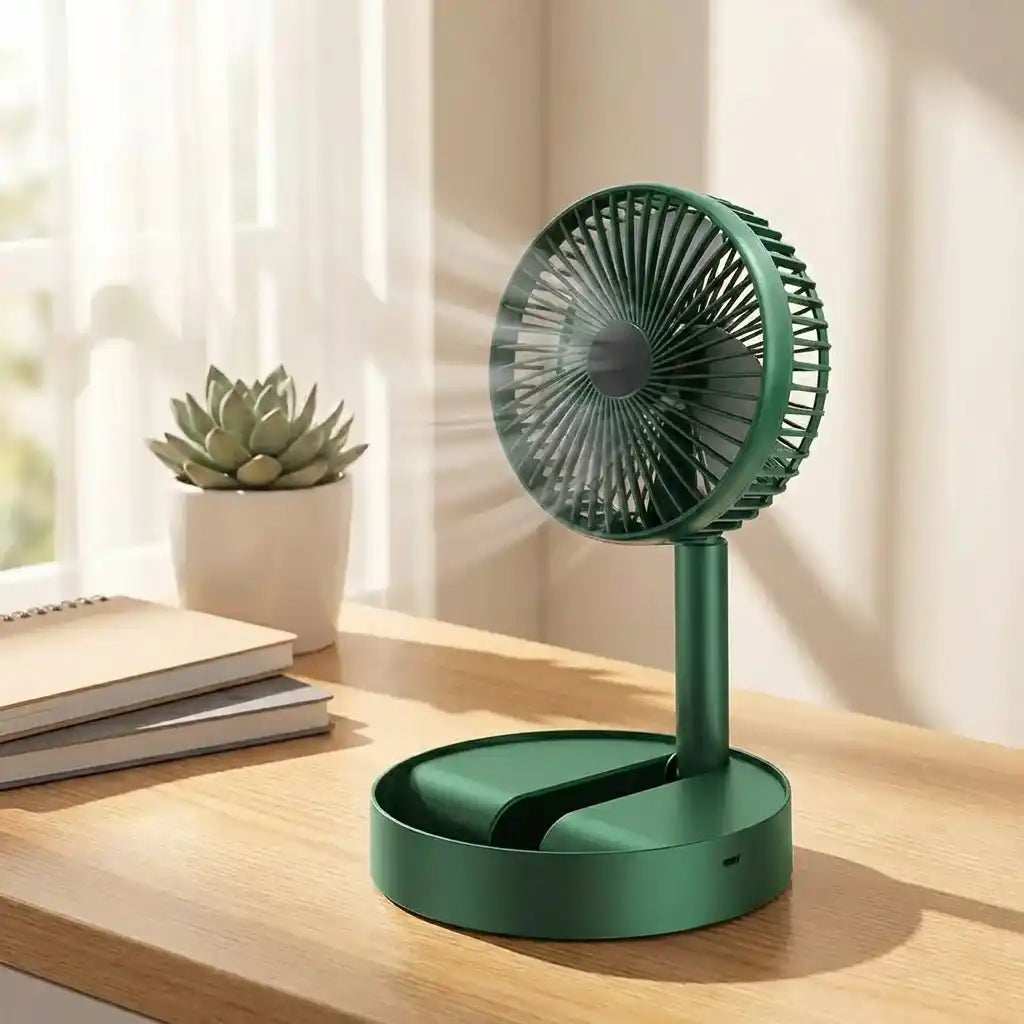 Green foldable telescopic fan with circular grille on base