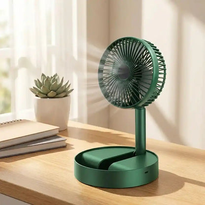 Front-facing green foldable telescopic fan with circular grille on base