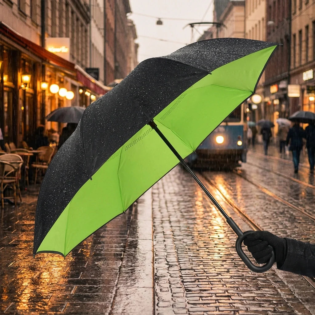 Foldable UV umbrella with black canopy and lime-green panels, open, with curved handle