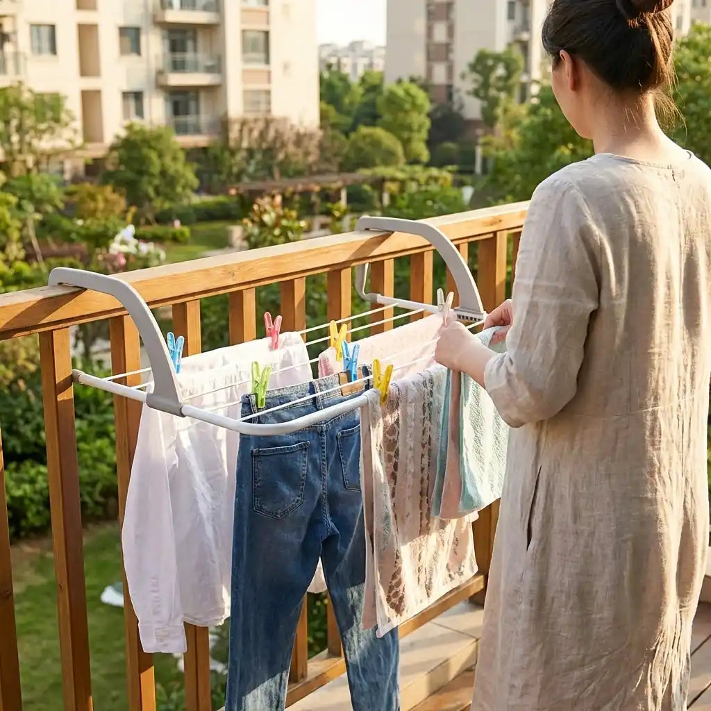 Folding clothes drying rack with curved top bar, hanging mixed clothes on balcony