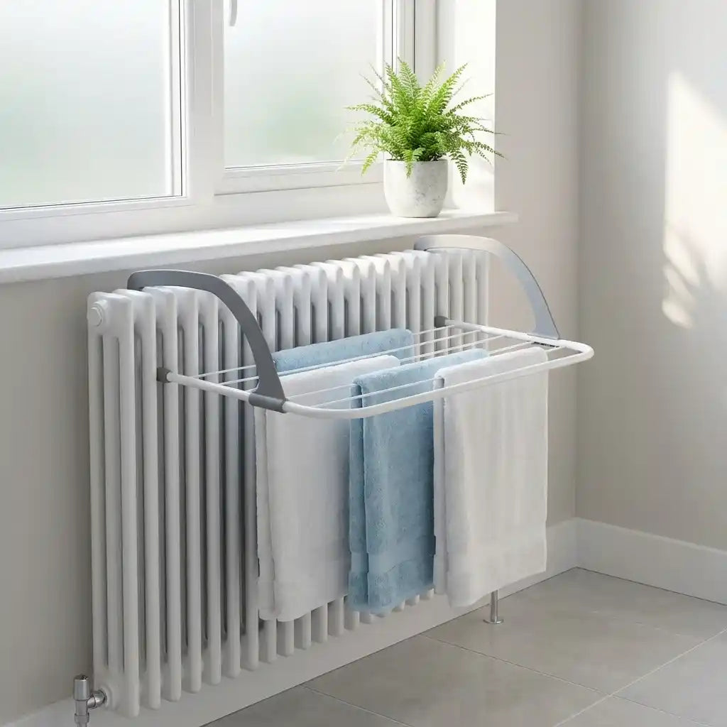 Folding clothes drying rack with white frame, drying towels and shirts by a window