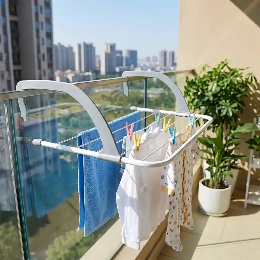 Folding clothes drying rack on a balcony, holding hanging clothes with colorful clips