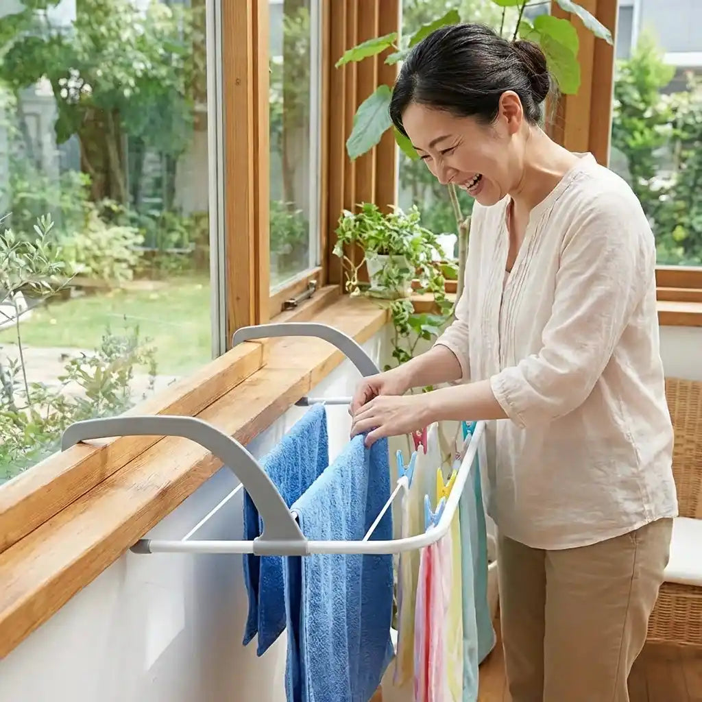 Folding clothes drying rack with clips, displaying blue and white towels on a balcony