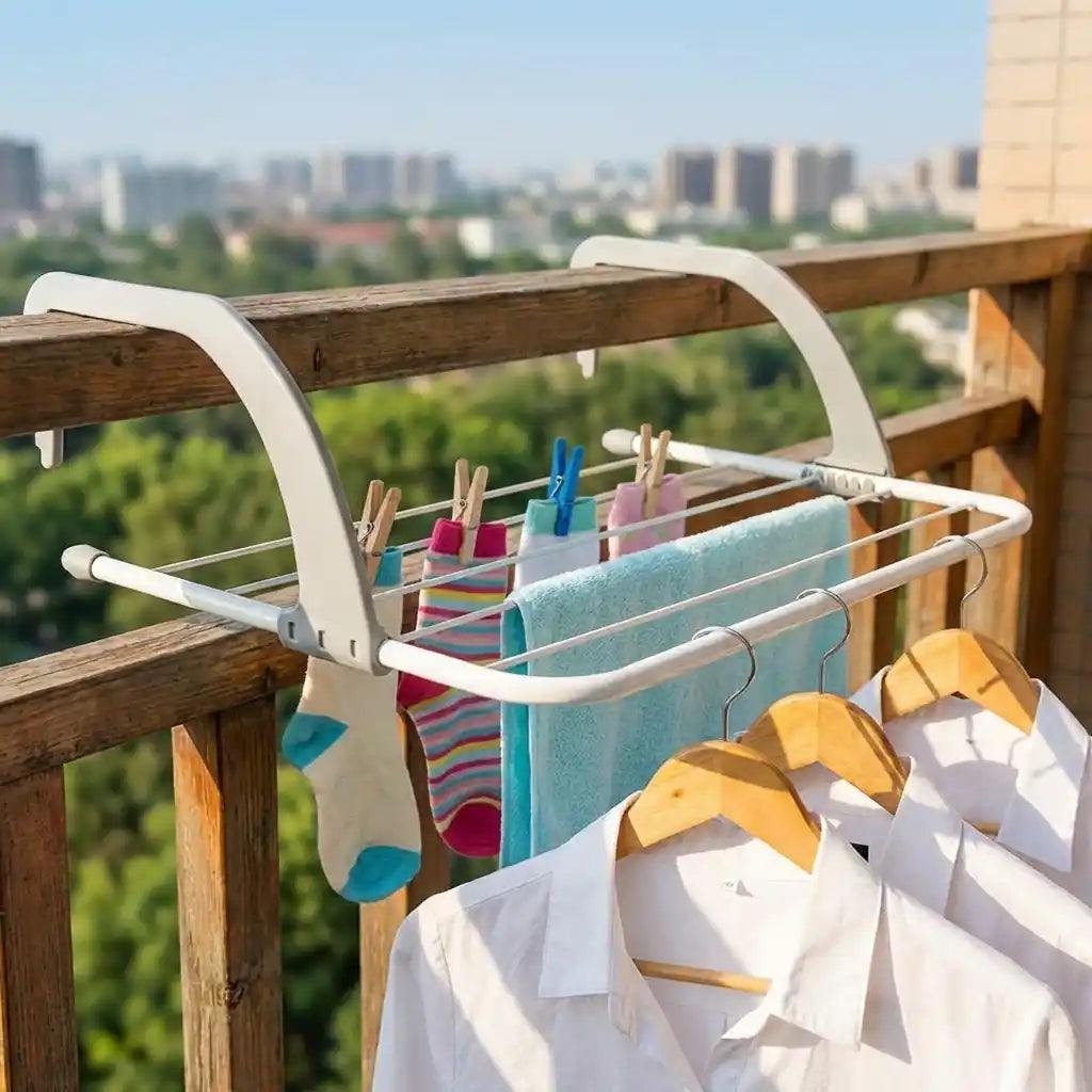 Folding clothes drying rack with clothespins, drying towels and tops on outdoor rail