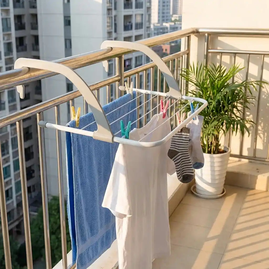 Folding clothes drying rack on balcony, holding shirts and socks with clothespins
