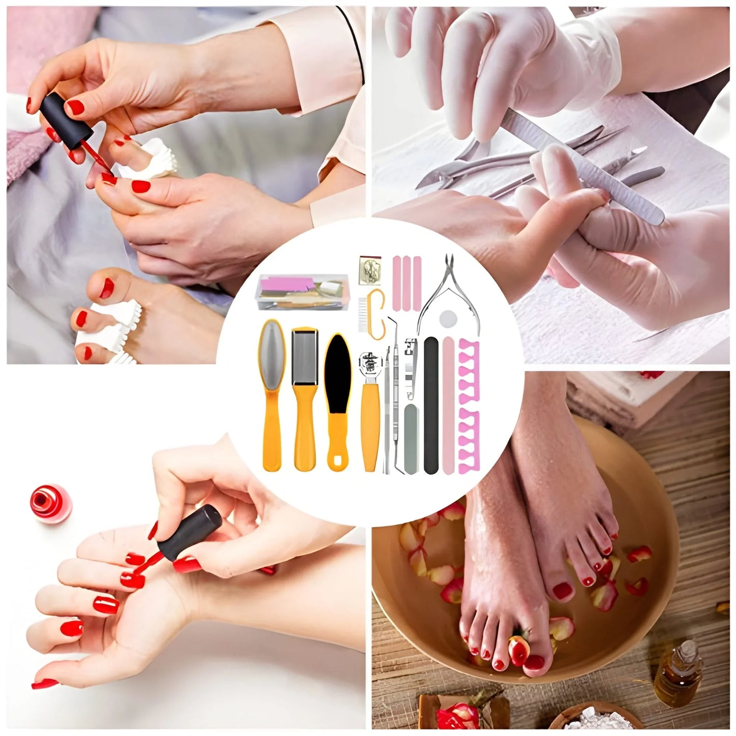 Foot scrubber tool set with handles and brush heads for exfoliating feet