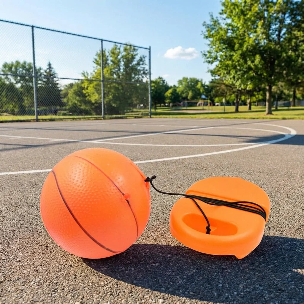 Football rebound ball set with string, orange ball and orange launcher base on court surface