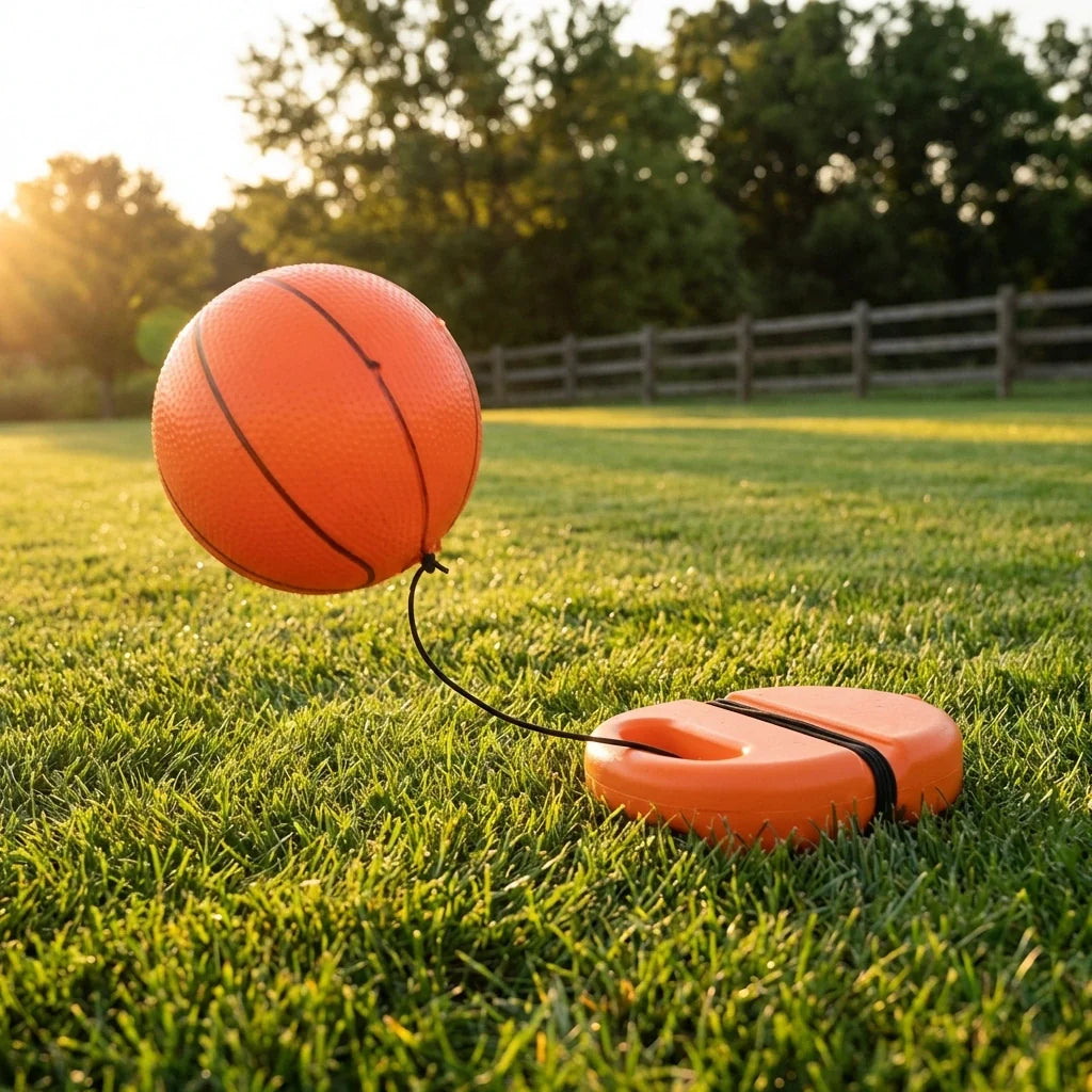 Football rebound ball set with string, orange ball and orange launcher base on outdoor grass