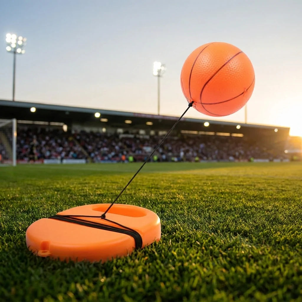 Football rebound ball set with string, orange ball in midair above orange launcher base